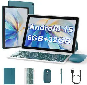 Android 15 Tablet 10 inch, 2 in 1 Tablet with Keyboard, 6GB RAM+32GB ROM Support 1TB Expandable Tablets PC, Quad-Core CPU, HD Screen, BT, WiFi, Long Battery Life Tablets with Case Mouse Stylus, Navy