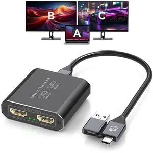 JCYMELE HDMI Splitter Extended Display for Dual Monitor USB A & C to 2 hdmi Adapter 1 in 2 Out for Laptop Mac Triple Set Support MST & SST Modes; 4K@30Hz Out 1, 1080p Out 2