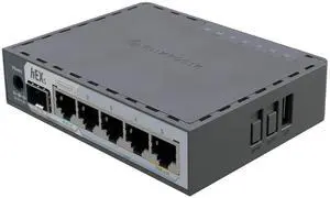 MikroTik hEX S (2025) E60iUGS A compact, affordable wired router featuring a 2.5G SFP port, 5x Gigabit Ethernet, PoE out, USB, and a fast dual-core CPU