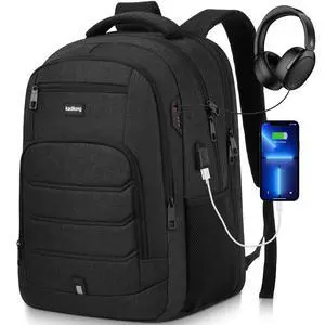 kadilong Large Laptop Backpack Men Book Bag with USB Charging Port Business Travel Anti Theft Durable,Water Resistant College Computer Bag Fits 17.3 Inch Notebook for Teenage Boys,Black