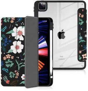 Batianda Case for iPad Pro 11-inch 2022 4th M2 Chip 2021 (3rd Generation) / iPad Pro 11" 2nd Gen 2020 [Built-in Pencil Holder] Shockproof Cover with Clear Transparent Back Shell TPU Bumper,Flowers
