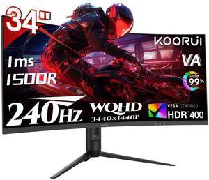 KOORUI 34 Inch 240Hz Ultrawide Curved Gaming Monitor 3440x1440P, 21:9 Display, 1500R Curvature. 1MS, PIP/PBP, Support Adaptive Sync, DP, HDMI, PS5,Vesa