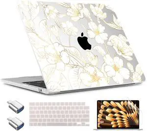 TWOLSKOO for MacBook Air 15 inch Case 2025 2024 2023 Release M4 A3241 M3 A3114 M2 A2941, Plastic Hard Shell & Screen Protector & Keyboard Cover & Type C Adapter, Gold Cherry Blossom
