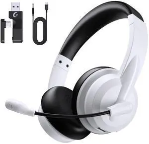 Wireless Headset with Mic for Work with AI Noise Cancelling Mic for Clear Calls, Bluetooth V5.3 Headphones with Microphone to USB A/C Dongle & Mic Mute for Computer Laptop PC iPhone (Black White)