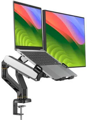 BEWISER Dual Monitor Arm with Adjustable Laptop Tray for 10"-17" Laptop,Full Motion Monitor Arm Weight Capacity up to 19.8lbs, Suit for 17-32 Inch Monitor(Black)