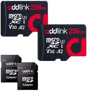 addlink 256GB 2-Pack Micro SD Card, Gaming Plus MicroSDXC Memory Card for Nintendo-Switch 1 A2 V30 for Smartphone, Action Camera 100MB/s UHS-1 U3 V30 C10 4K A2 with Adapter (ad256GBMSXU3AX2)