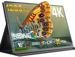 Newsoul Portable Monitor 4K 16" Laptop Monitor 1200Nits High Brightness, 2000:1 Contrast Fast IPS Matte Screen with VESA & Protective Case, Built-in USB-C HDMI Portable Screen for Phone Game Console