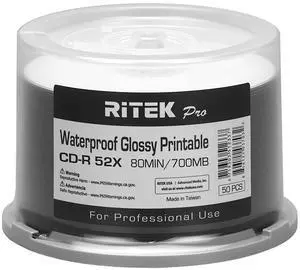50 Pack Ritek Pro (Professional Grade) CD-R 52X 700MB Watershield Water Resistant Glossy White Inkjet Hub Printable Blank Recordable Disc,Light green,R80JS52-RTPWGN50CB