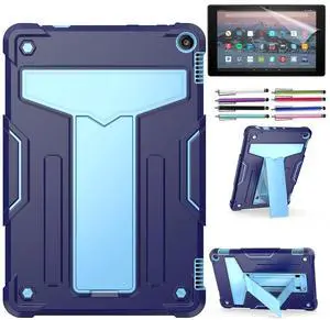 Epicgadget Case for Amazon Fire HD 10 and Fire HD 10 Plus (11th Generation, 2021 Released) - Heavy Duty Shockproof Hybrid Case with Kickstand + 1 Screen Protector Film and 1 Stylus (Navy Blue/Blue)