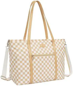 Teacher Tote Bag Laptop Tote Bag for Women 17 Inch Work Office Bag with Compartment Fashion Computer Canvas Handbag Satchel (A2-Brown/Beige Canvas, 17.3 inch)