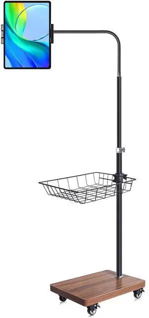 Adjustable Floor Tablet Stand with Rolling Base, Flexible Gooseneck Mount, Wood Platform, Mobile Device Holder for Indoor Use