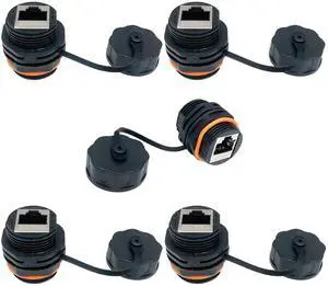 PENGLIN 5PCS Waterproof RJ45 Panel Mount Coupler,Shielded CAT6A/6/5E/5 Ethernet LAN Cable Connector Double Head Female to Female with Waterproof/Dust Cap