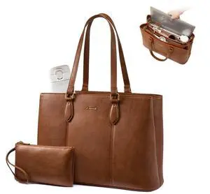 LOVEVOOK Laptop Tote Bag for Women, 17.3 Inch Vintage PU Leather Work Bag with Wristlet, Professional Computer Briefcase for Teacher,Office, Daily (Brown)