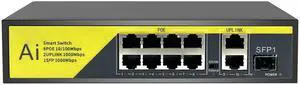 1000 Mbps Hiseeu PoE Switch w/8 PoE+ Ports 2 Ethernet Uplink Ports, 802.3 af/at, 100Mbps, Unmanaged Plug & Play, 120W, AI Watchdog, 250m (820 FT), Noiseless/ Compact & Sturdy Metal Case/ Desktop
