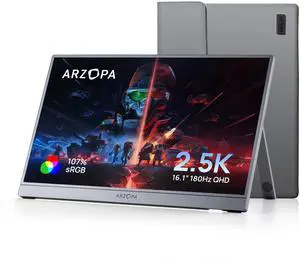 ARZOPA 16.1'' 180Hz 2.5K Portable Monitor, 2560x1440 QHD 107% sRGB Kickstand Portable Gaming Monitor with HDR, Ultra Slim, Eye Care, External Second Screen for Laptop, PC, PS5, Mac, Xbox-Z3FC