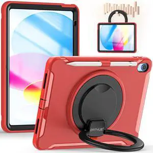 BATYUE Case for iPad (A16) 11th/10th Generation 11''/10.9'' 2025/2022, Full-Body Drop Protection Case for Kids with 360° Rotating & 180° Folding Ring Stand, Screen Protector & Pencil Holder| Red