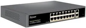 Ztyuav 18-Port Full Gigabit Unmanaged PoE Switch with 16 PoE+ Ports @250W, 2 Uplink Ports-IEEE802.3af/at Compliant, 6KV Lighting Protection, VLAN Mode, Fanless & Metal Plug & Play