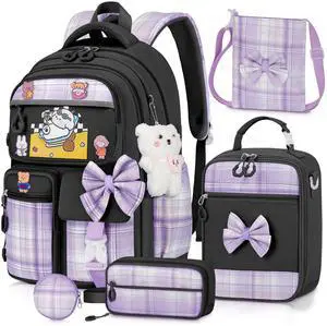LEWKANA Girls Backpack with Lunch Box Set, 5pc Black Cute Kawaii Bookbag for Teens, Aesthetic School Backpack for Elementary