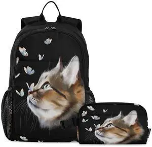 ALAZA Cute Kitten Cat with Butterfly Backpack for Kids School Bag Girls Boys Teens Backpack with Lunch Bag Set Daypack Travel Laptop Backpack