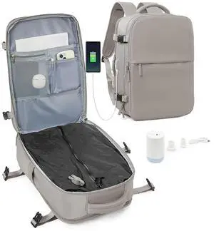 Large Vacuum Seal Compression Travel Backpack for Women Men Air Backpack Vacpack Travel Vacuum Bags with Pump Laptop Backpack with Shoe Compartment Carry On Suitcase Luggage Flight Approved Grey Brown