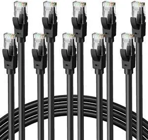 Ethernet Cable 7ft-10pack Cat5E/Cat6, 24AWG Pure Copper Direct Burial, 40Gbps Support Cat8/Cat7, RJ45 Patch LAN Cord Waterproof UV-Resistant, Outdoor&Indoor, Internet Cable for Router, Modem, PC-Black
