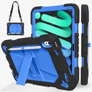 JKSML Case for iPad (A16) 11th/10th Gen | Heavy Duty Drop Protective | Rugged Silicone Cover | Pencil Holder | Adjustable Shoulder Strap | Stand for iPad 10.9" (2022)/ 11" (2025) - Black Blue