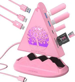 Pink USB C Hub, 8-in-1 USB C Multiport Adapter with 4K@30Hz HDMI, 100W Power Charging, 5Gbps Type C, 3 USB-A 3.0, SD/TF Slots& RGB Lighting, Pink Type C Hub for MacBook, iPhone17, iPad, XPS(Tree)