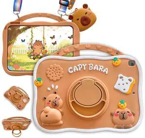YOUSIDUN Capybara Kids Case for iPad 9th Generation/iPad 8th 7th Gen10.2 inch 2021/2020/2019,3D Cute Silicone Cartoon Cover for Boys with Rotating Stand, Adjustable Strap, Capybara Zipper Pouch- Beige