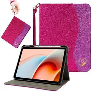 RONWTIMES Glitter Case for Samsung Galaxy Tab A9+/A9 Plus 11 Inch 2023 (SM-X210/X216/X218), Sparkly Folio Cover with Pencil Holder, Pocket, Auto Wake/Sleep, Bling Design for Women - Rose Pink+Purple