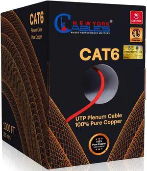 NewYork Cables | CAT6 Plenum Cable 1000ft UL & ETL Listed, 100% Pure Bare Copper, UTP, 550MHz, 23AWG, 4Pair 10GB Ethernet Cable | Certified CMP-Rated Fire-Resistant (1000ft, Pure Copper UL/ETL, Red)
