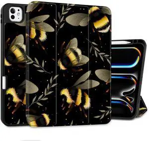 MEEgoodo Case for M4 iPad Pro 11 inch Case 2024, Tablet Cover with Trifold Stand & Pencil Holder & Auto Wake/Sleep & Soft TPU Back Cover, Bumblebee & Leaves