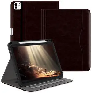 Jarviwiin Case for iPad Pro 11 inch M4 2024 (5th Generation), Multi-Angle PU Leather Cover for iPad Pro 11" with Pencil Holder/Hand Strap, Auto Wake/Sleep, Dark Brown