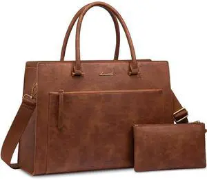 LOVEVOOK Laptop Bag for Women 15.6 Inch Tote Work Bag Leather Computer Briefcase Waterproof Business Teacher Office Bag Handbag with Small Clutch,Vintage Brown