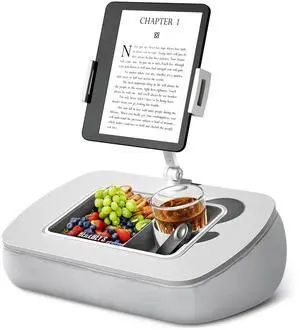 ERGONOV Tablet Stand Pillow with Snack Bowl, iPad Lap Holder for Hands-Free Reading and Relaxation on Bed,Couch,Recliner, 360° Rotating Clip for 4.7-13" Kindle,eBook,Tablet,iPhone (Light Gray)