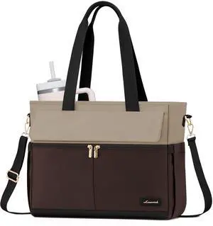 LOVEVOOK Laptop Bag for Women 15.6 Inch Canvas Laptop Large Capacity Work Bags Mutiple Pockets Teacher Bag Water Resistant Computer Bags for Business Travel Nurse, Apricot-coffee