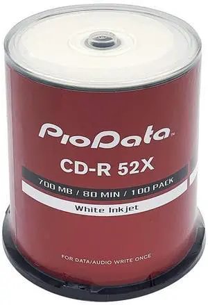 PioData CD-R 52X 700MB Moisture Resistant White Inkjet Printable CD-R Blank Discs  100 Disc Cake Box Spindle, Printable CDR Discs for Music, Data