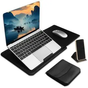 immoenuc Multifunctional 14 inch Laptop Sleeve with Stand | Water-Resistant PU Leather Portable Laptop Case, Built-in Adjustable Stand & Mouse Pad, for 13-14" MacBook/Notebook (15.7"x10") Black