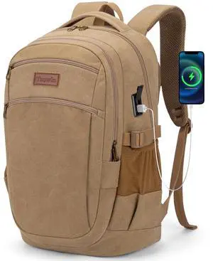 Tzowla Vintage Canvas Laptop Backpack for Men and Women,College Travel Work Rucksack with USB/Type-C Charging Port,Lightweight Bookbag Hiking Casual Daypack Backpacks Fit 15.6 Inch Notebook(Khaki)