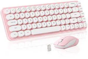 MIKIBY i68 Wireless Typewriter Keyboard and Mouse Combo,Pink Keyboard with 2.4GHz Connection, Cute Retro Aesthetic Design Round Keycaps for Tablet, Phone, PC and Win/Mac/Android(Pink)