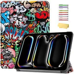 UUcovers Hybrid Case for iPad Pro 13 inch M4 (2024) Trifold Stand Cover [Pencil Charging + Auto Wake/Sleep] Slim PU Leather Magnetic Smart Hard Back Shockproof Protective Shell, Cool Graffiti Doodle