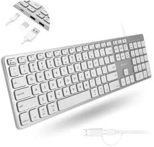 Macally Wired Keyboard for Mac with USB Hub (2X USB-A / 1x USB-C) - Compatible Backlit Apple Keyboard with Dual Interface - Auto OS Detection for Mac, MacBook, iMac, PC, Android, iPad, iOS - Silver