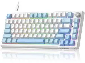 MageGee SKY81 75% Mechanical Gaming Keyboard, Hot Swappable Wired Custom Creamy Keyboards with 5-Layer Sound Dampening, Knob Control, RGB Backlit, NKRO for Win/Mac (Ice Sea Blue, Pink Bear Switch)