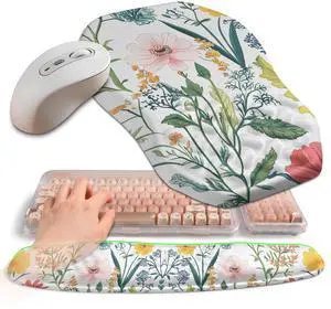 Gleamtide 2-in-1 Ergonomic Set, Wave Keyboard Wrist Rest and Massage Slope Mouse Pad Wrist Support, Rebound Memory Foam for Relieve Carpal Tunnel Syndrome and Wrist Pain (Pink Flowers)