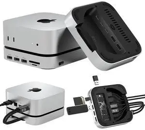 Mac mini M4 Dual Channel Dock & Desk Mount with 4TB M.2 NVMe SSD Enclosure, 10Gbps USB A/C Data Port, SD/TF Card Slot, 4K@60HZ HDMI, Mac mini M4 Aluminum Dock Stand & Hub