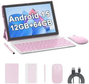 10 Inch Tablet Android 15(NOT GO) Tablets with keyboard 64GB ROM+12GB RAM(4+8 expansion) Supports 1TB Expansion 2MP+8MP Dual Camera 6000mAh 5G WiFi6 Tableta, Tablets with Mouse/Case/Stylus/USB-C Cable