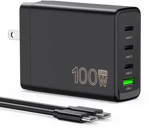 YEOTSMUT 100W USB C Charger Block,4-Port GaN Fast Charger Compatible with MacBook Pro, MacBook Air, Google Pixelbook, ThinkPad, Dell XPS, iPad Pro, Galaxy iPhone All USB C Devices 6ft