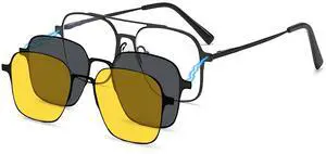 AUSQUQI 3in1 Magnetic Clip On Night Vision Sunglasses Black For Men Women Polarized UV Protection Aviator Metal Prescription Anti-Blue Light Glasses Stylish Eyewear For Drivers(BLACK)