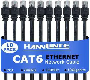 HANNLINTE Cat 6 Ethernet Patch Cable 20ft (10 Pack), 24AWG Pure Copper, Snagless, Network Cable, Compatible for PC, Routers, Switches, RJ45 LAN, Cat 6 Ethernet Cable, Patch Cables - Black 20 Feet