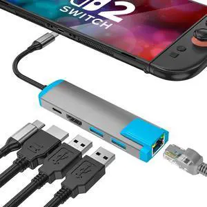 USB C to HDMI Adapter for Switch 2,USB C Docking Station with 4K@60Hz HDMI Port/Type-C PD Port/USB 3.0 Port/1000M LAN Port,Replacement for Official Switch 2/Switch/Switch OLED/Steam Deck Dock