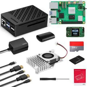SANOOV Raspberry Pi 5 8GB Kit 64GB Card Pi 5 8GB Board Starter Kit ABS Case with Active Cooler 27W 5.1V 5A USB-C Power Supply 2 HD Out 4K Cables Card Reader & Adapter and Screwdriver User Manual